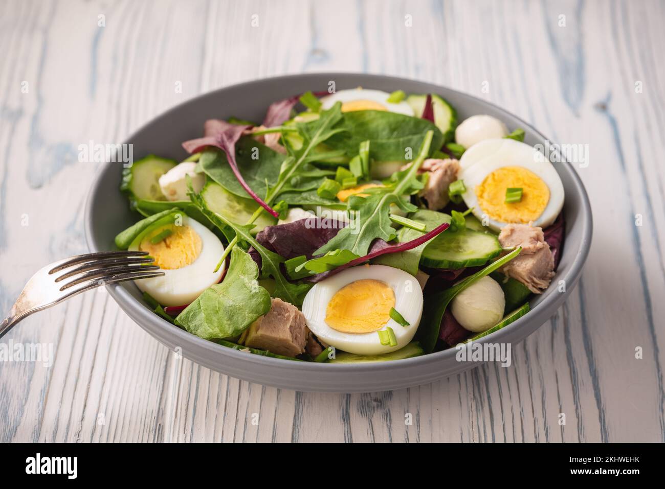 Keto dish - healthy green salad with arugula, tuna, mozzarella and eggs. Stock Photo