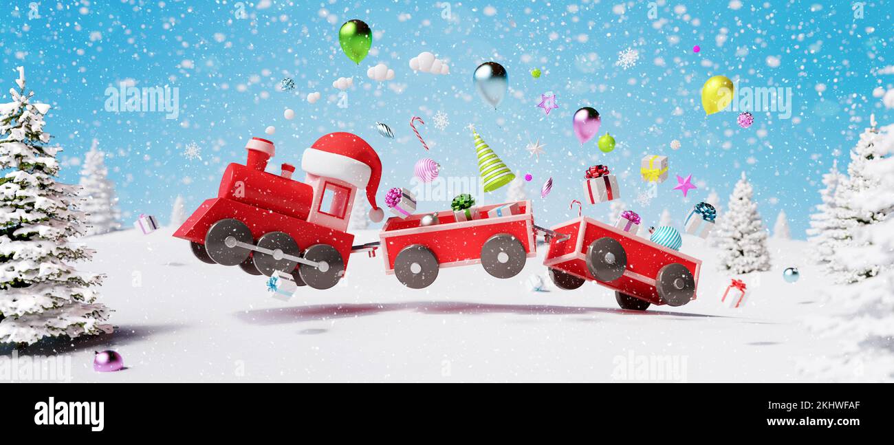 Red train and wagons jump with gifts and Christmas decorations in snowy