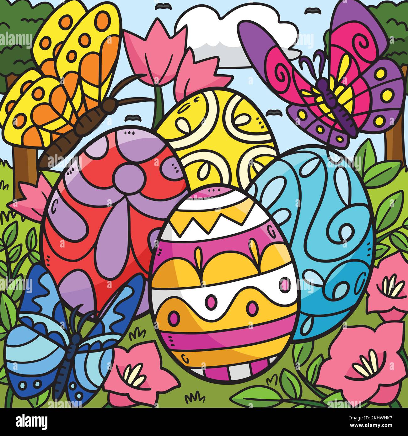 Snail on Mushroom with Easter Eggs Colored  Stock Vector