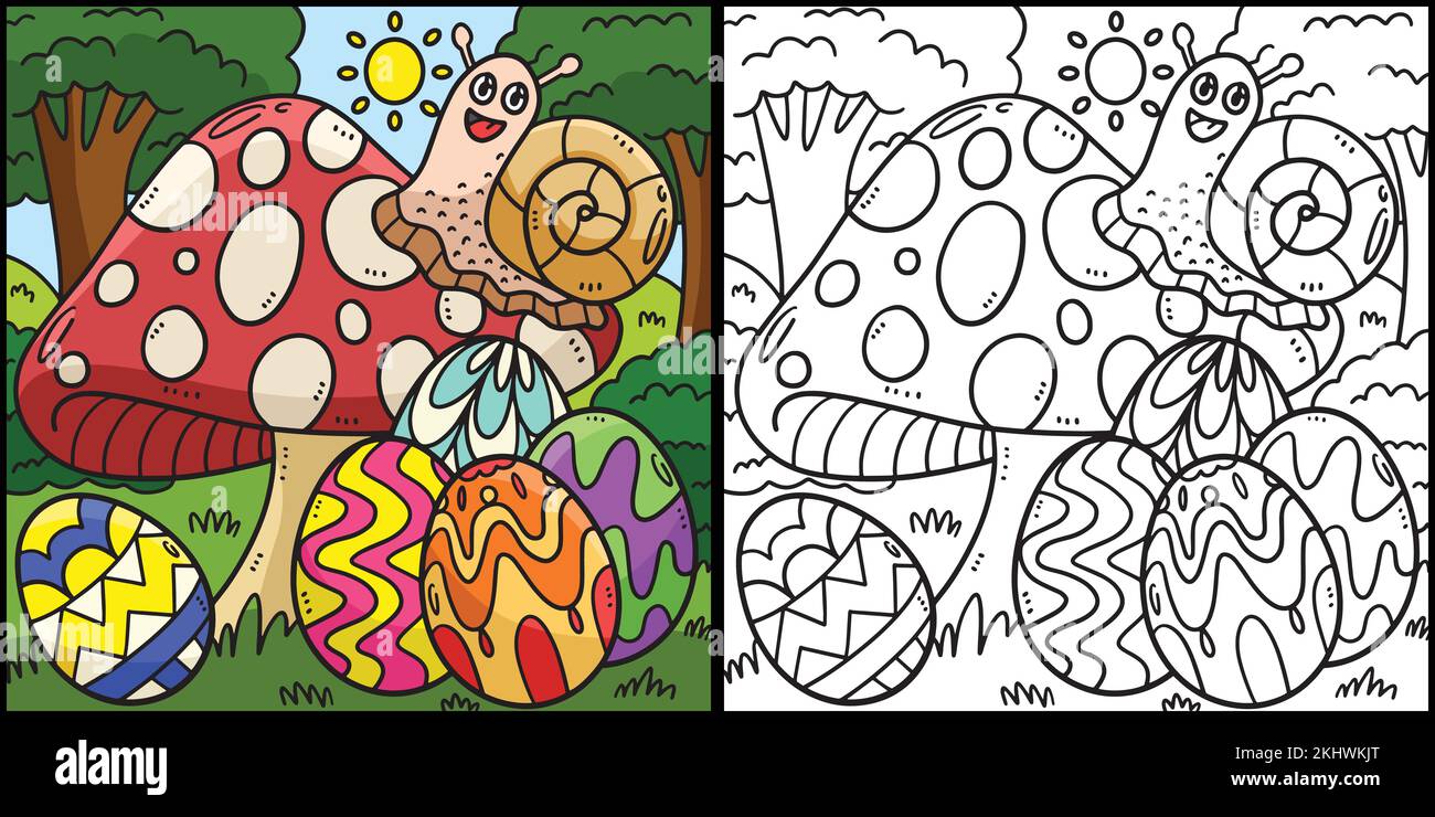 Snail on Mushroom with Easter Eggs Illustration Stock Vector