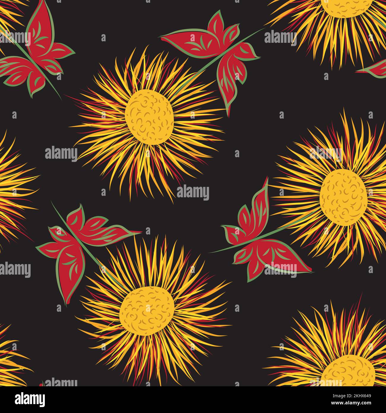 Inula flower seamless vector pattern background. Perennial cottage garden flowers yellow red black backdrop. Giant Fleabane painterly scattered design Stock Vector