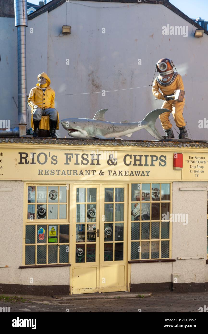 Rio's Fish & Chips, Brixham with life size models of fisherman, diver