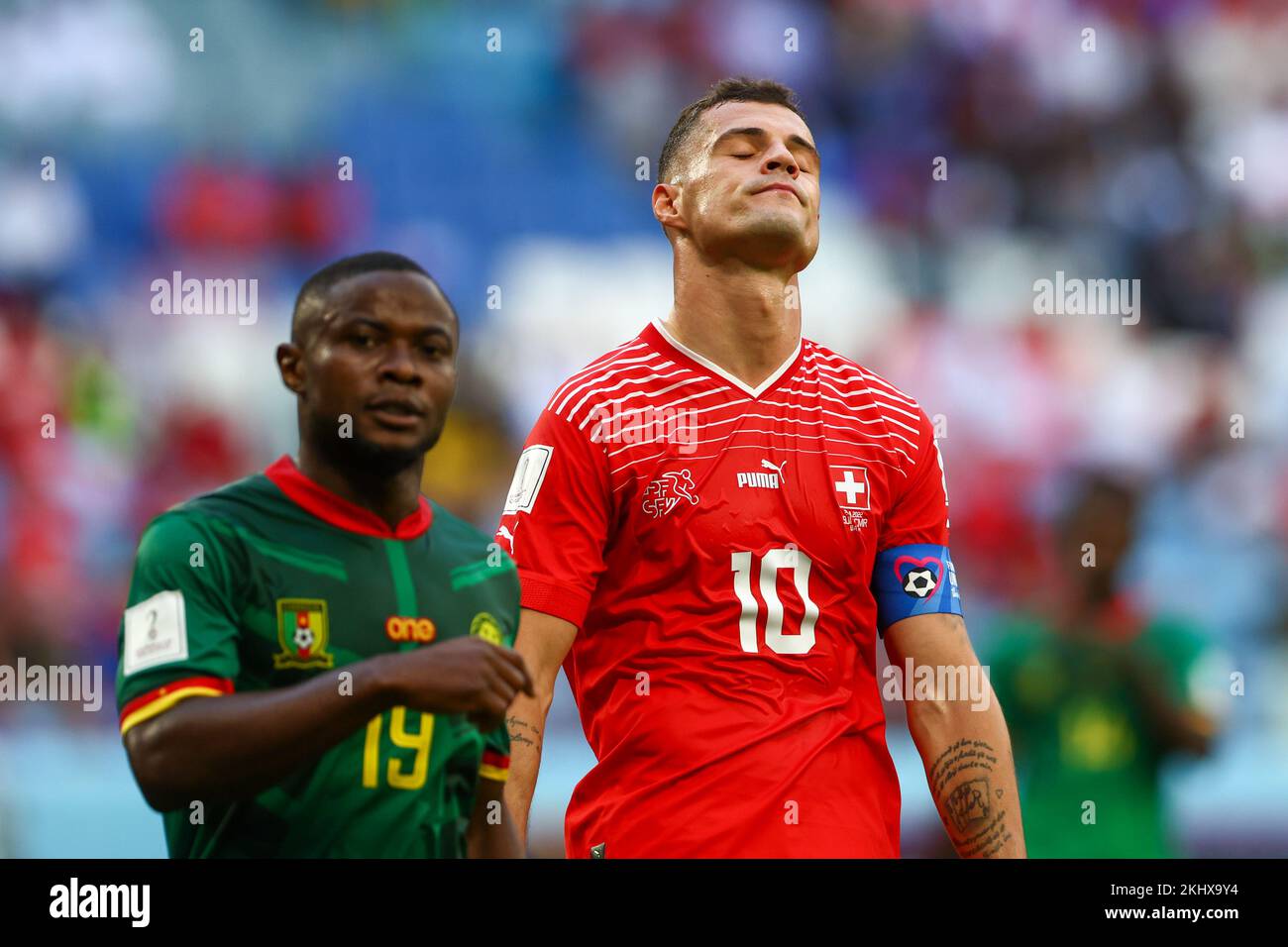 24.11.2022, Doha , football, FIFA World Cup 2022, Switzerland vs Cameroon  ,  in the picture: Collins Fai (CMR) Granit Xhaka (SUI), Photo: Andrzej Iwanczuk Stock Photo