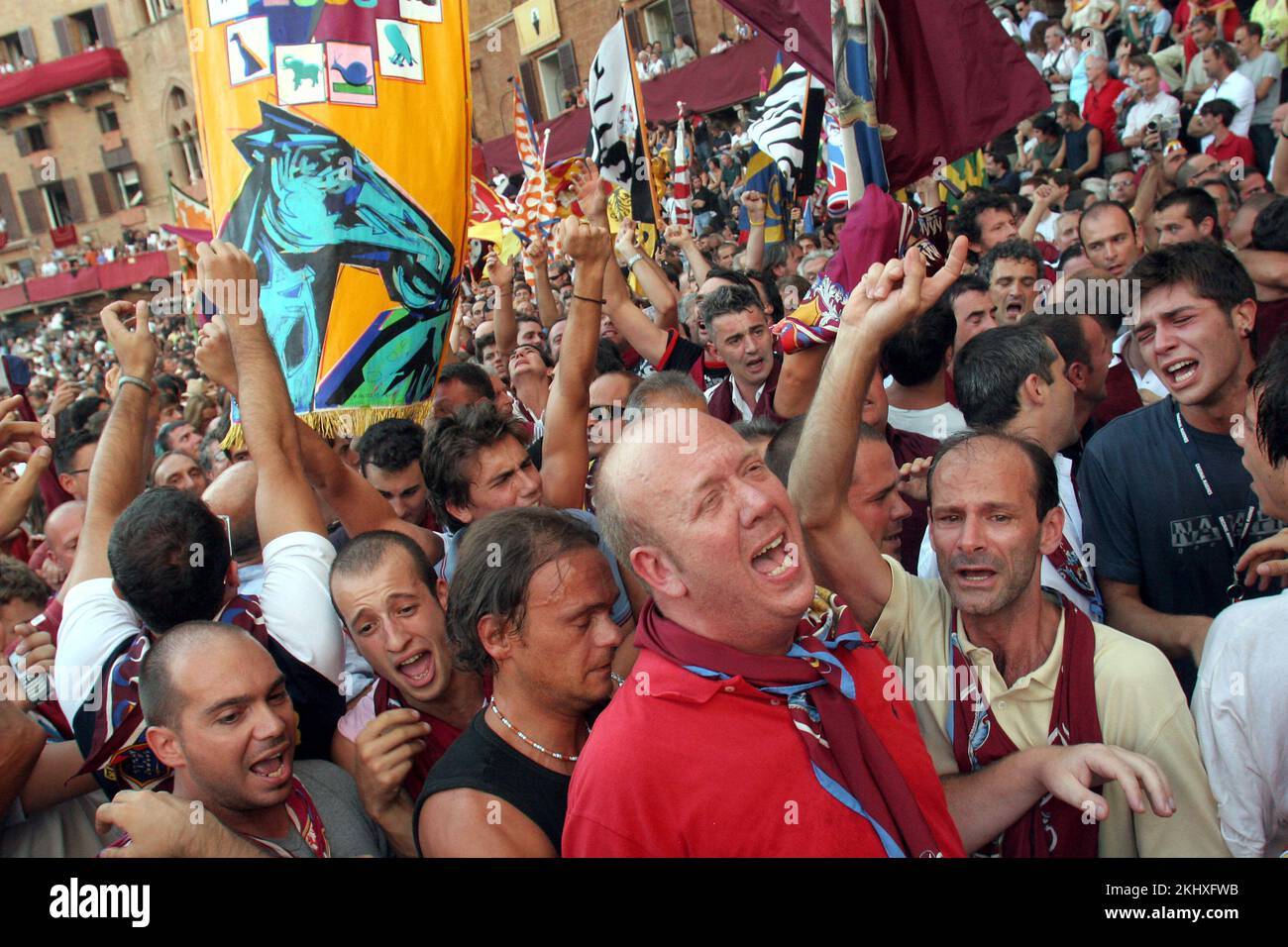 inhabitants of Siena after the annual horse races in Siena called Palio in Italy. vvbvanbree fotografie. Stock Photo