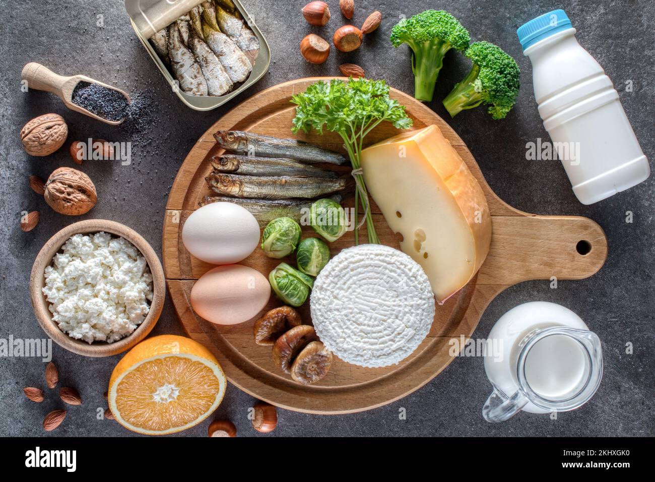 Osteoporosis concept. Food products recommended for osteoporosis, diary and non-diary products rich in calcium. Stock Photo
