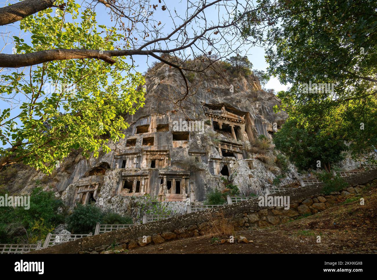 Amyntas Rock Tombs at ancient Telmessos, in Lycia. Now in the city of Fethiye, Turkey Stock Photo