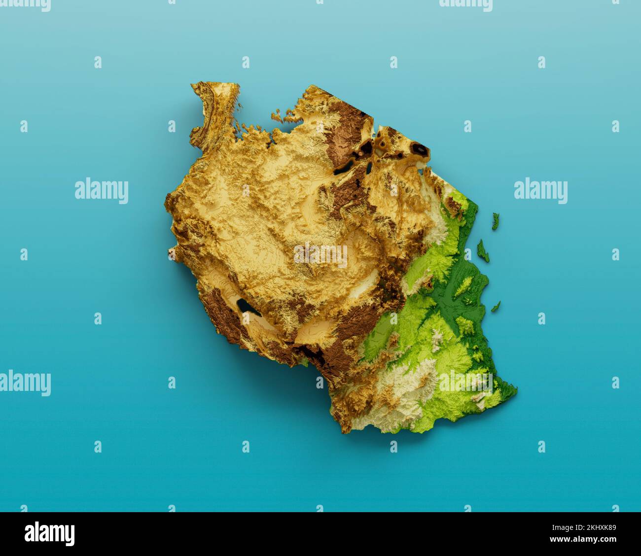 The Tanzania map shaded relief isolated on a blue background Stock Photo