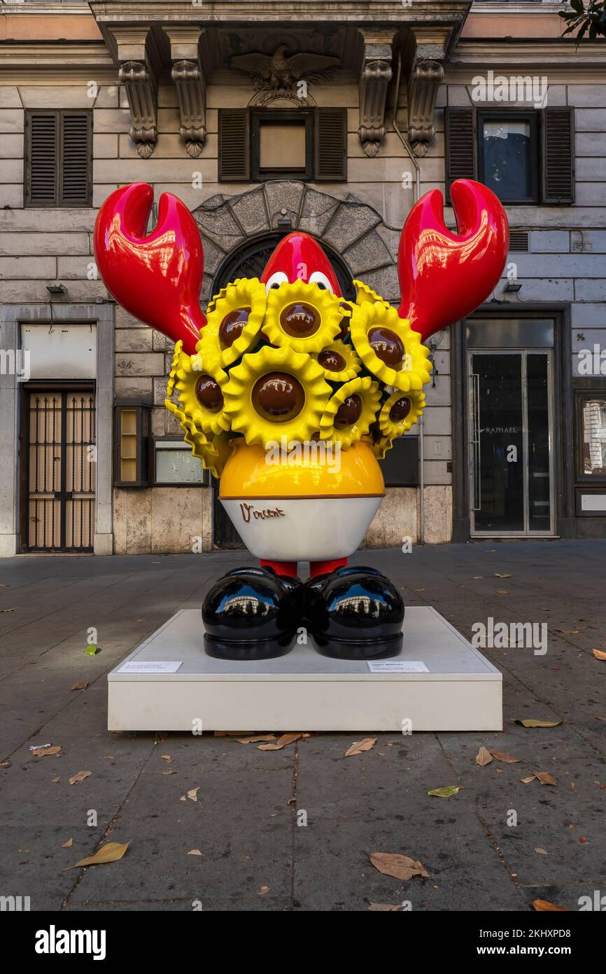 Lobster Sunflowers - Lobster Empire, gigantic sculptures exhibition by British artist Philip Colbert, along Via Vittorio Veneto. Rome, Italy, Europe Stock Photo