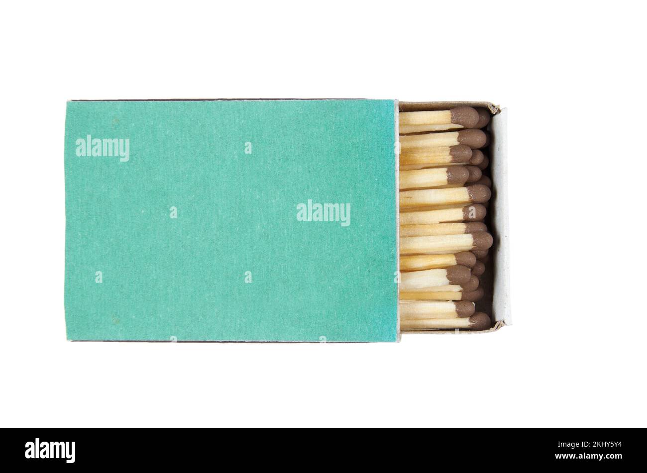 Close-up of a green matchbox isolated on white background with clipping