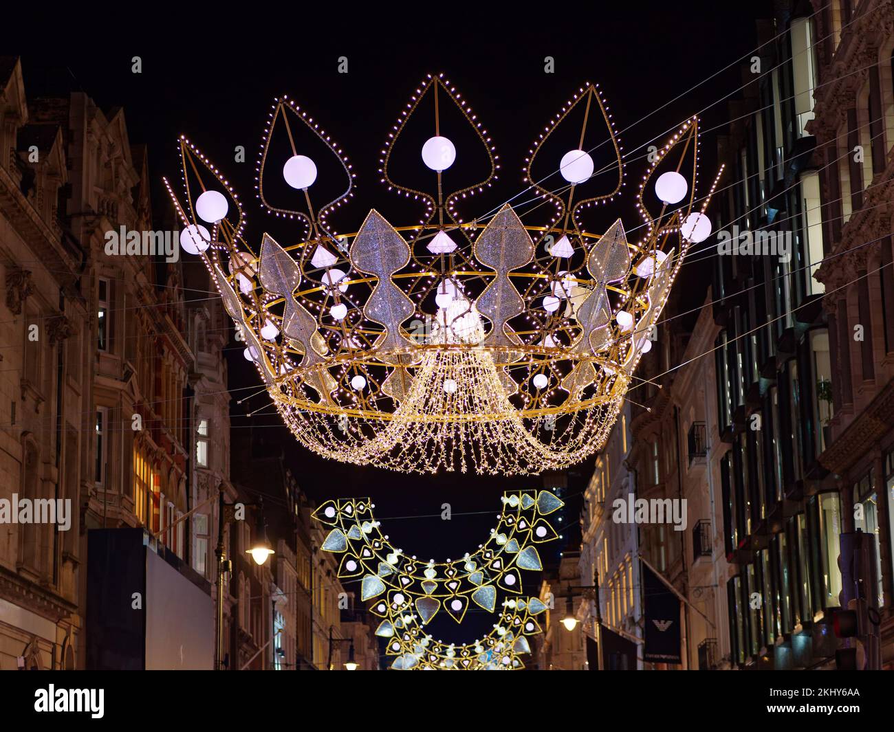 Crown themed Christmas light display on New Bond Street, London Stock Photo
