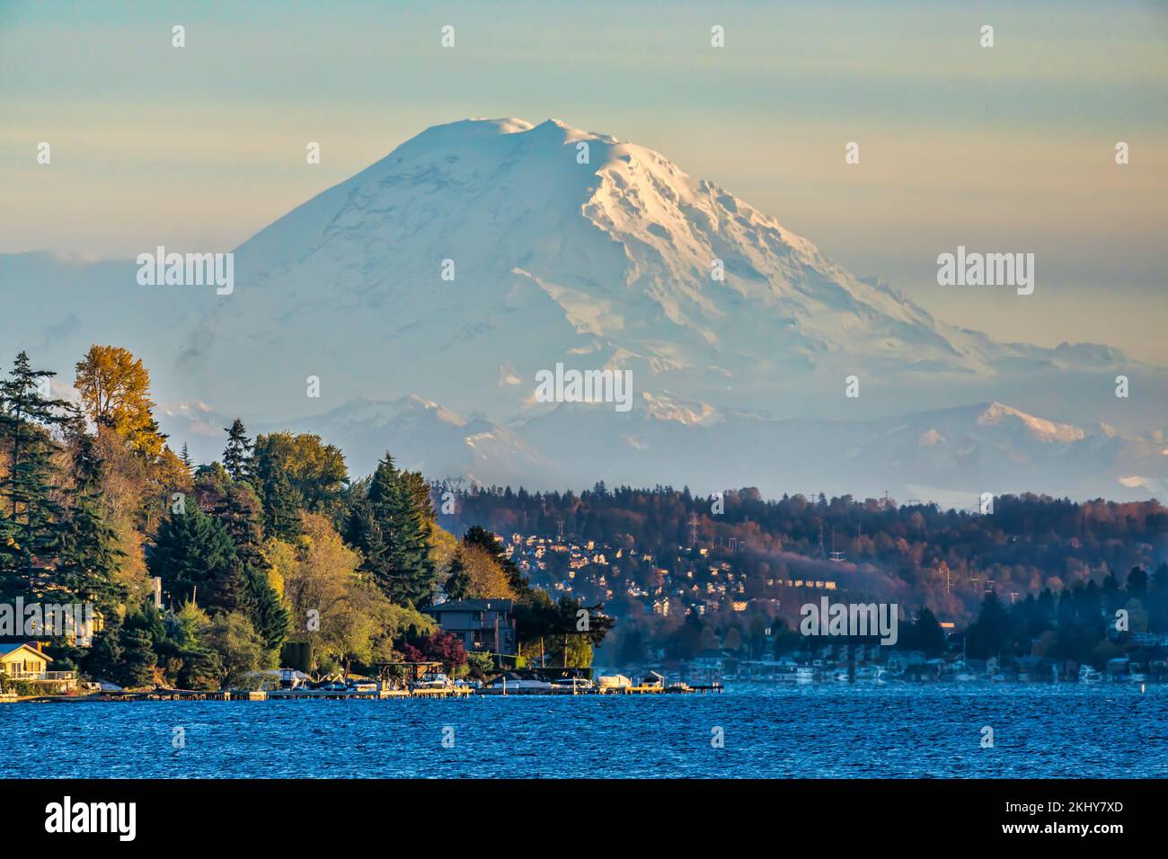 Seattle Mount Rainer Park A view of Mount Rainier from Seward Park in Seattle, Washington Stock ...