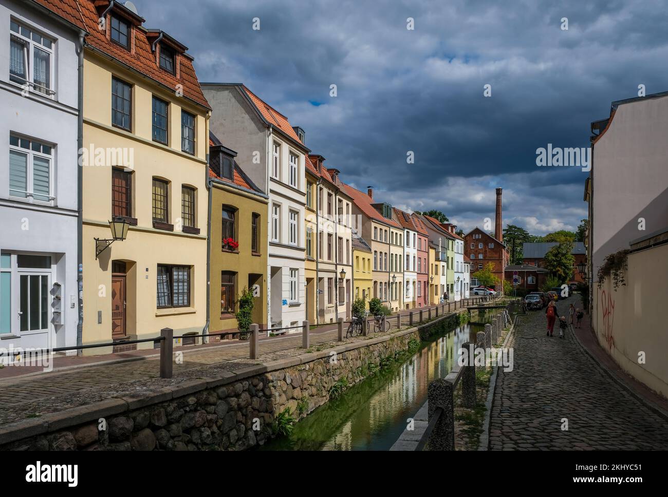 Wismar, Mecklenburg-Vorpommern, Germany - Restored old town of the Hanseatic city of Wismar, restored colorful eaves houses at the Muehlengrube, histo Stock Photo