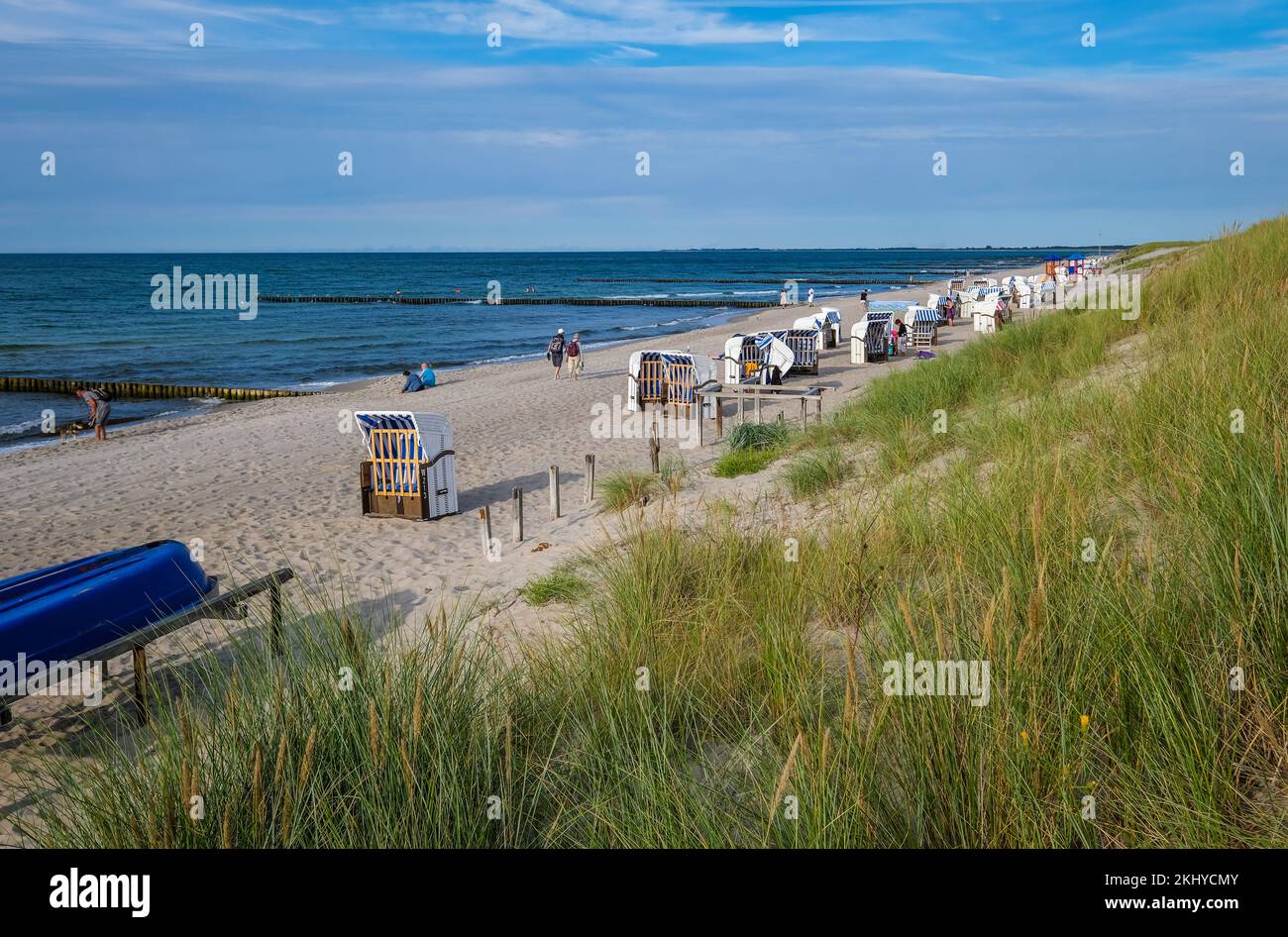 Graal-Mueritz, Mecklenburg-Vorpommern, Germany - Beach beacons on the sandy beach of the Baltic Sea spa Graal-Mueritz. Few people on the beach. The Me Stock Photo