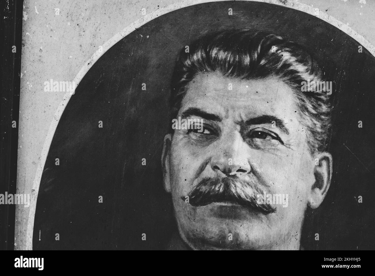 Close-up Photo Reproduction Of Stalin's Portrait. Joseph Vissarionovich Stalin Soviet Political Leader Who Led Soviet Union From 1924 Until His Death Stock Photo