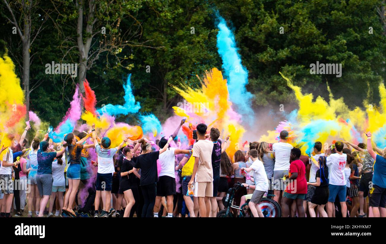 A powder paint party at a festival in Cambridge, United Kingdom Stock