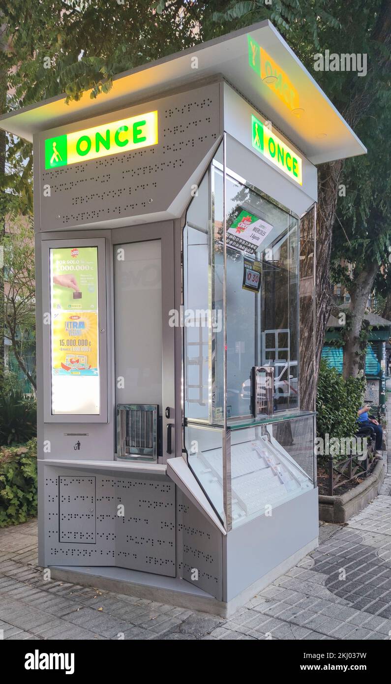 Caceres, Spain - August 4th, 2022: Modern ONCE kiosk where gaming products are selled Stock Photo