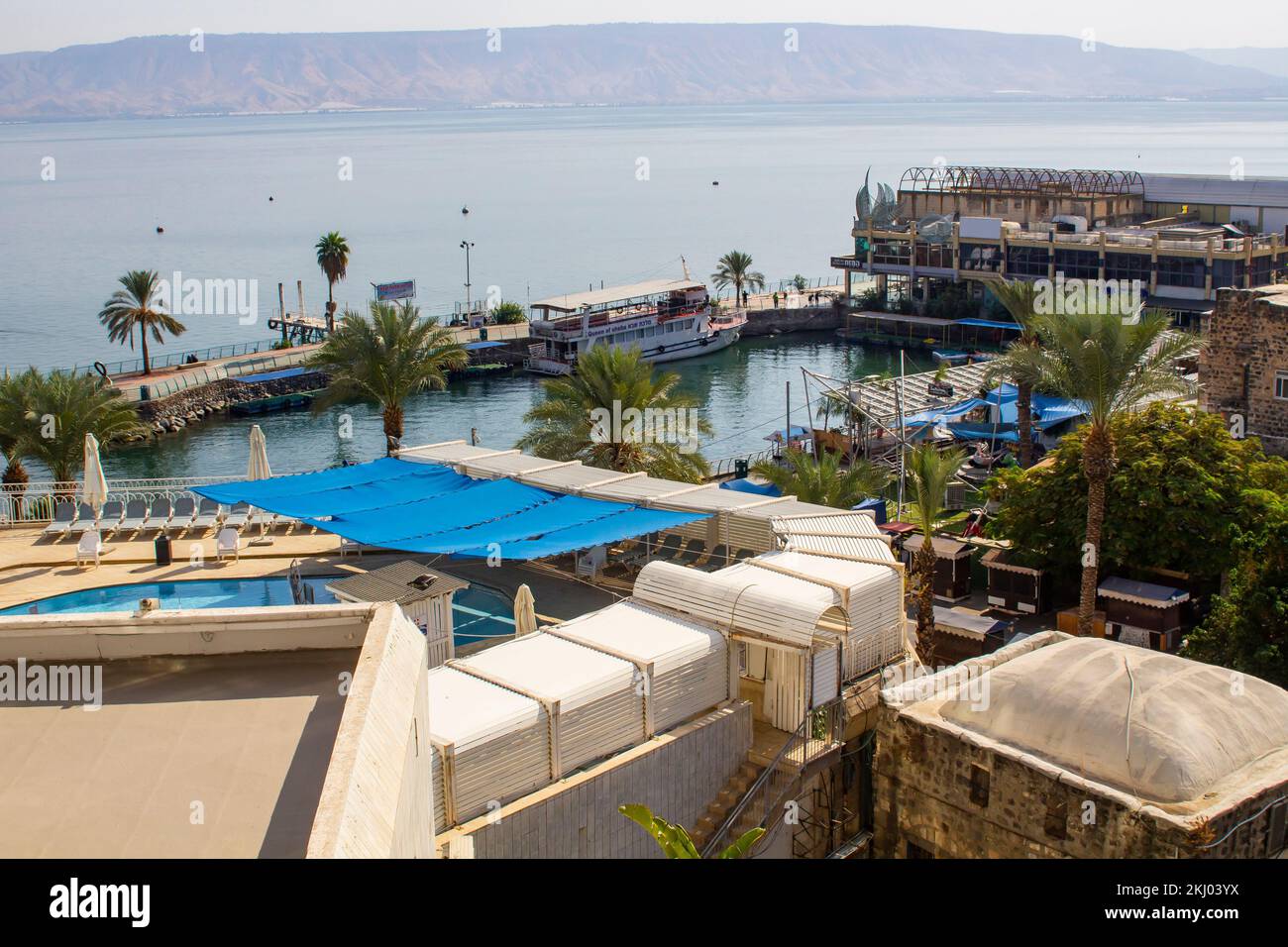4 Nov 2022 The view of the sea front and across The Sea of Galilee from a balcony of the Caesar Hotel in Tiberias a town on the west coast of the lake Stock Photo