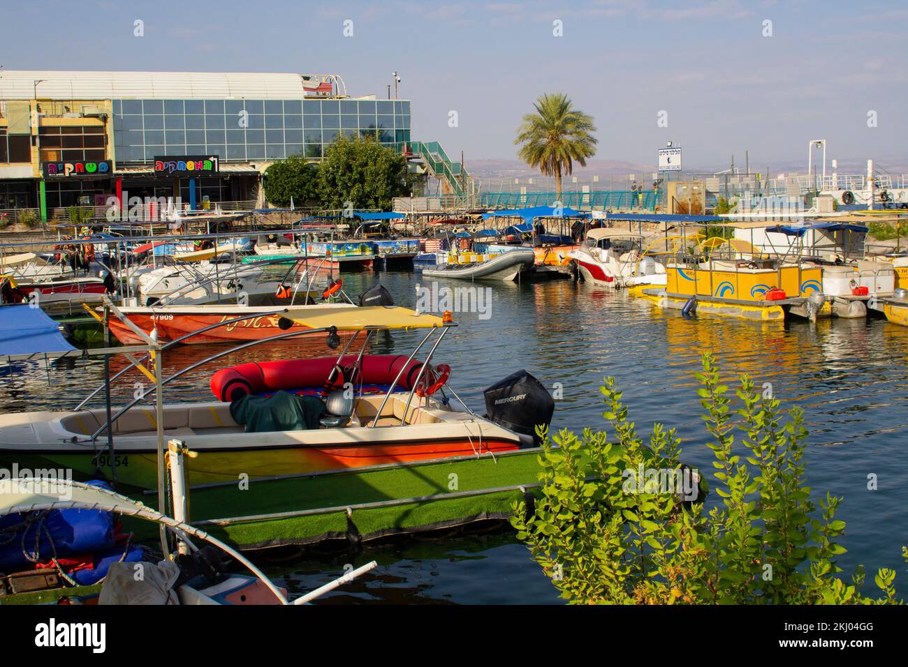 4 Nov 2022 The view of the small marina at the sea front outside the Hotel Caesar on The Sea of Galilee in Tiberias a town on the west coast of the la Stock Photo