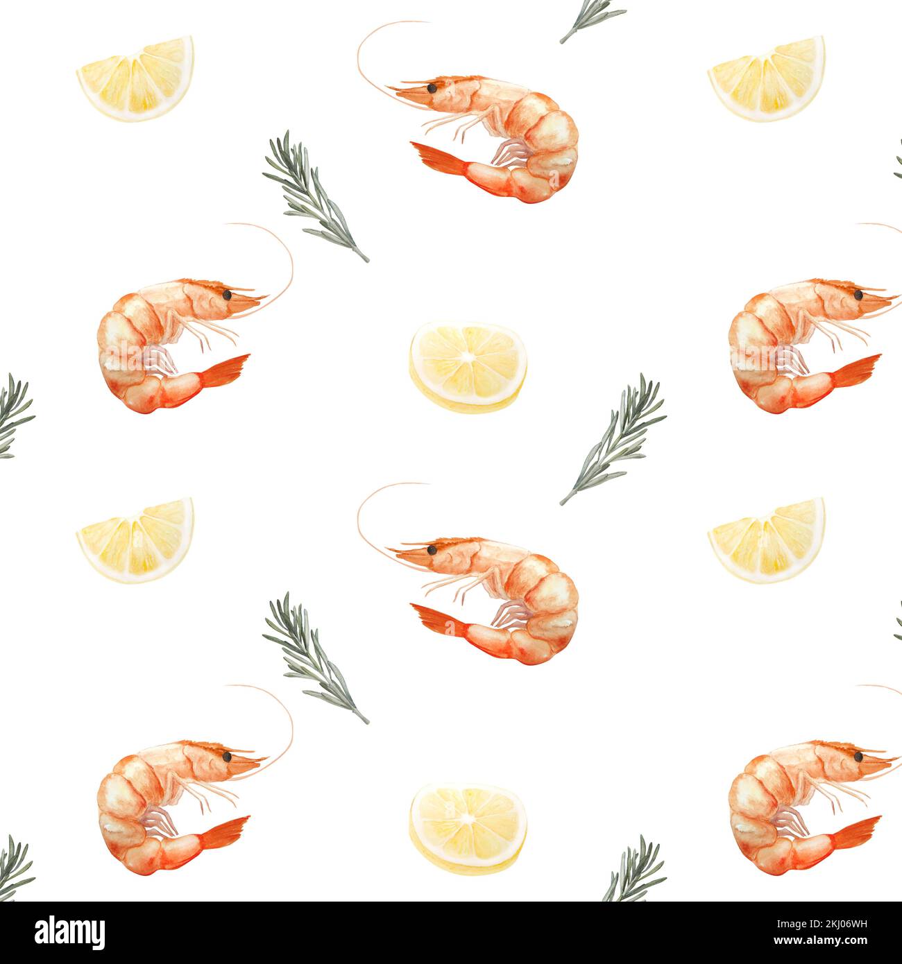 Watercolor seamless pattern with shrimp, lemons and rosemary on white ...