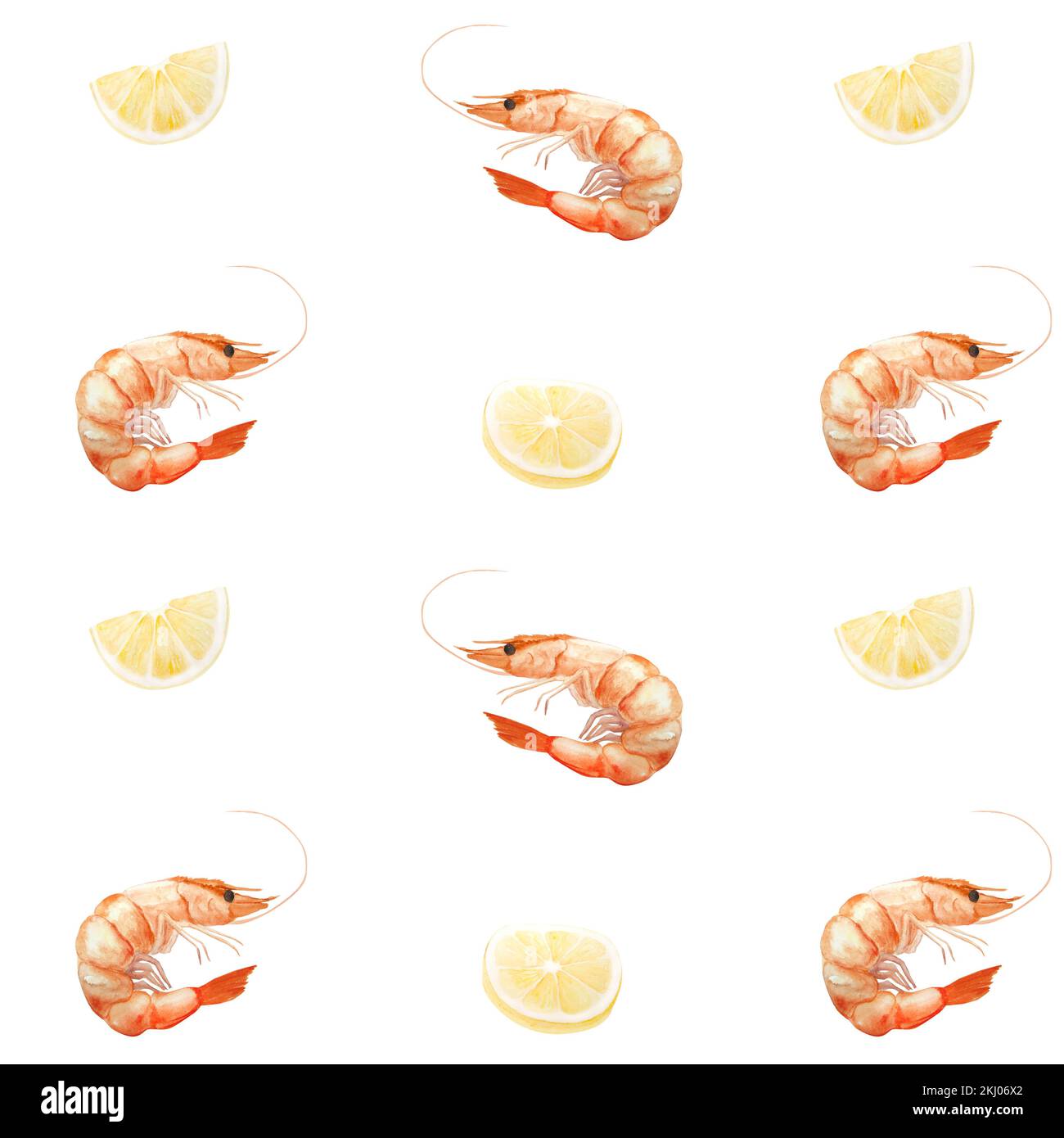 Watercolor seamless pattern with shrimp and lemons on white background ...
