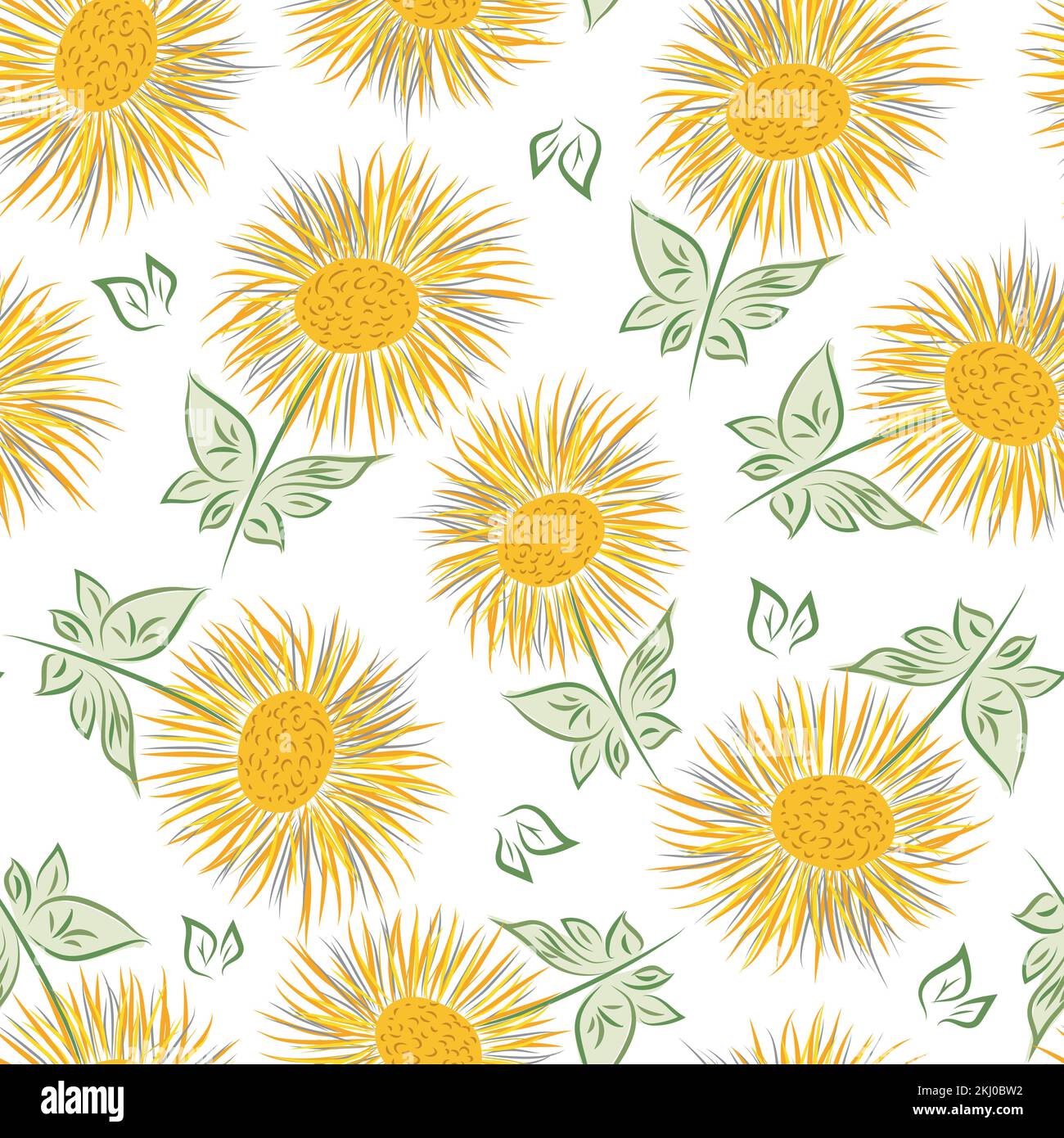 Inula flower seamless vector pattern background. Perennial cottage garden flowers yellow green backdrop. Giant Fleabane painterly geometric design Stock Vector