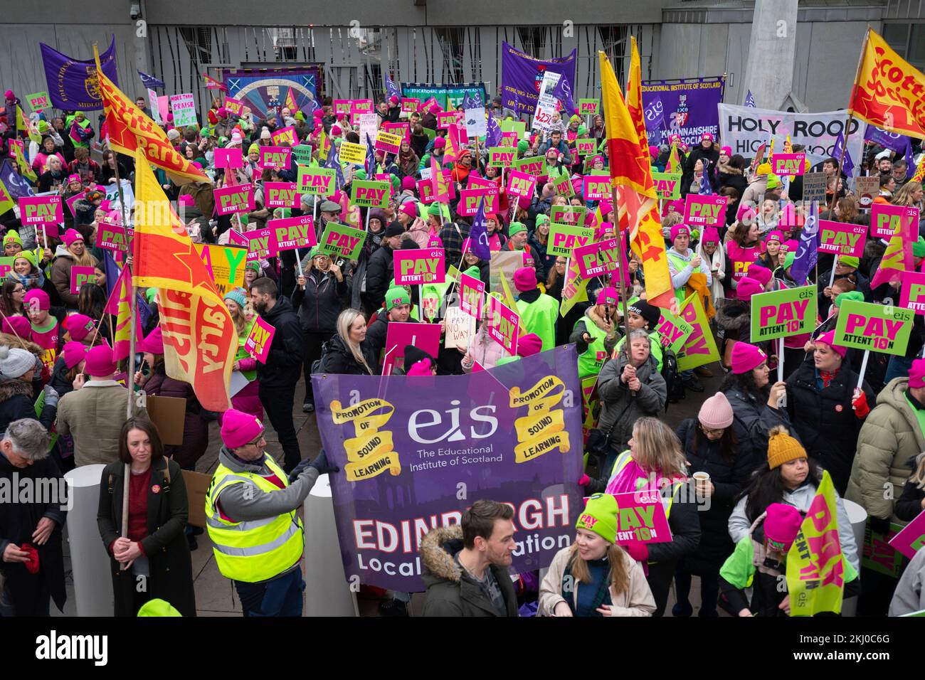 Edinburgh, Scotland, UK. 24th November 2022. Striking teachers from the EIS attend a rally at the Scottish Parliament at Holyrood, Edinburgh today. All schools in Scotland are closed today due to strike action by the EIS union caused by their ongoing dispute over a  pay offer which has been rejected. Iain Masterton/Alamy Live News Stock Photo