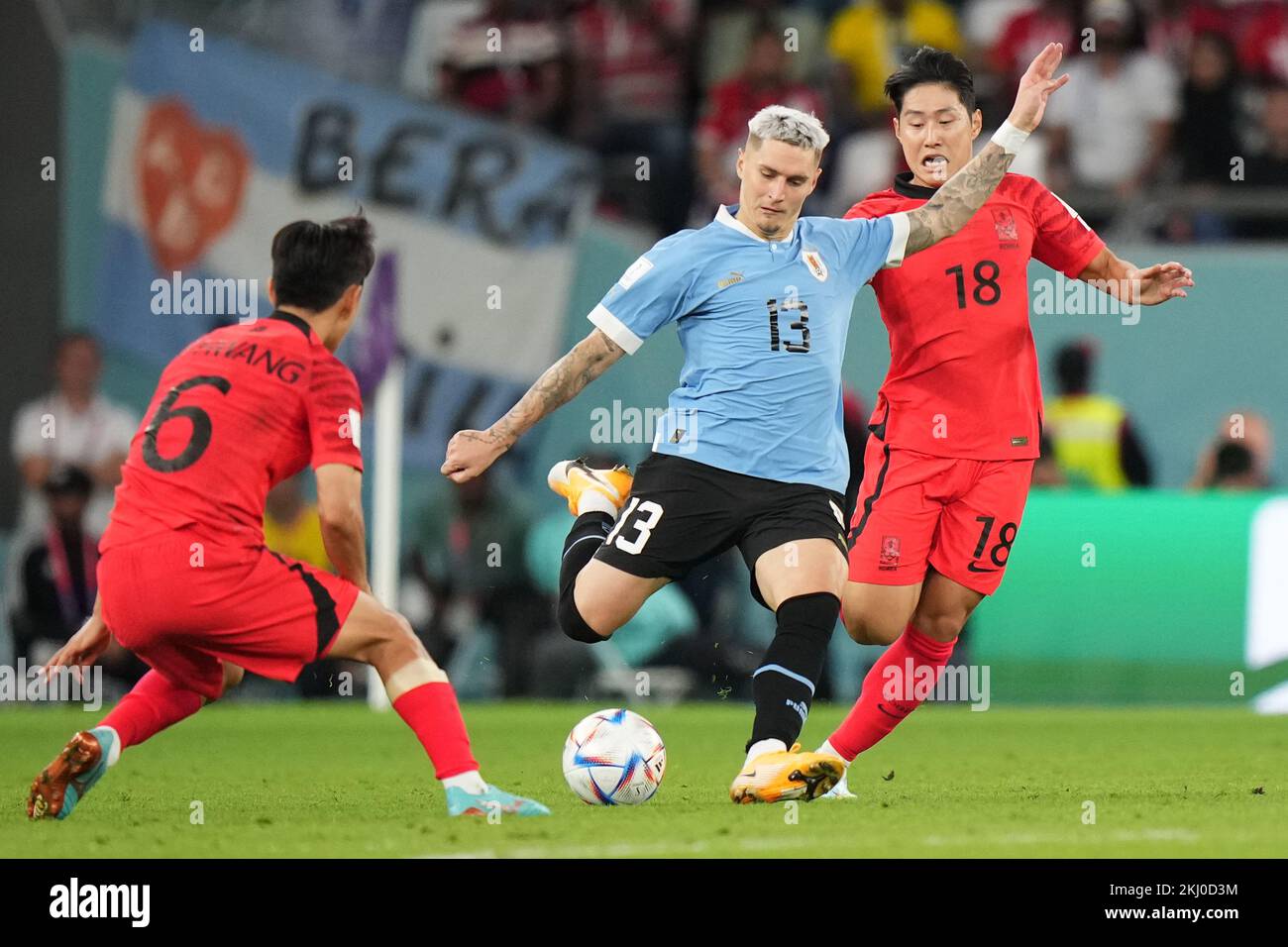 Rayan, Qatar. 23rd Nov, 2022. Guillermo Varela of Uruguay and Lee Kangin of Korea Republic during the Qatar 2022 World Cup match, group H, date 1, between Uruguay and Korea Republic played at Education City Stadium on Nov 24, 2022 in Rayan, Qatar. (Photo by Bagu Blanco/PRESSINPHOTO) Credit: PRESSINPHOTO SPORTS AGENCY/Alamy Live News Stock Photo