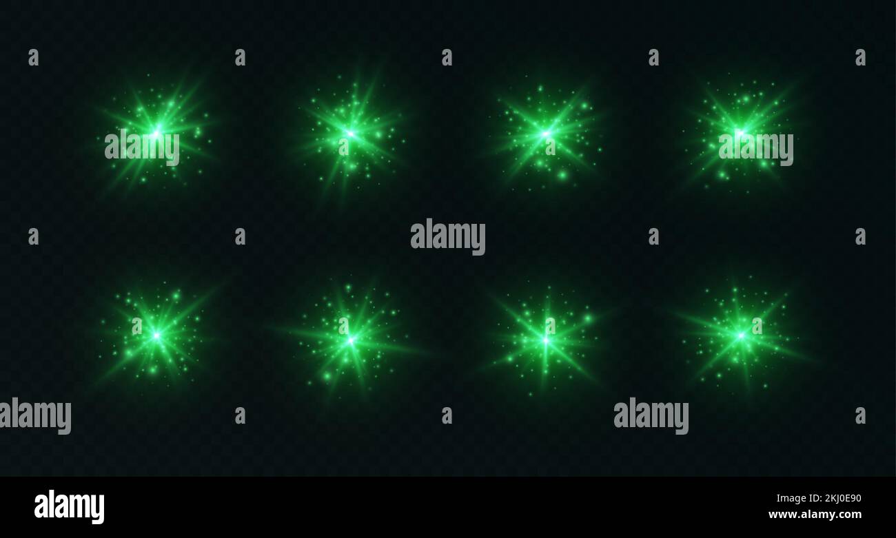 Lens flares with sparkles, green starbursts set, shiny camera flashes