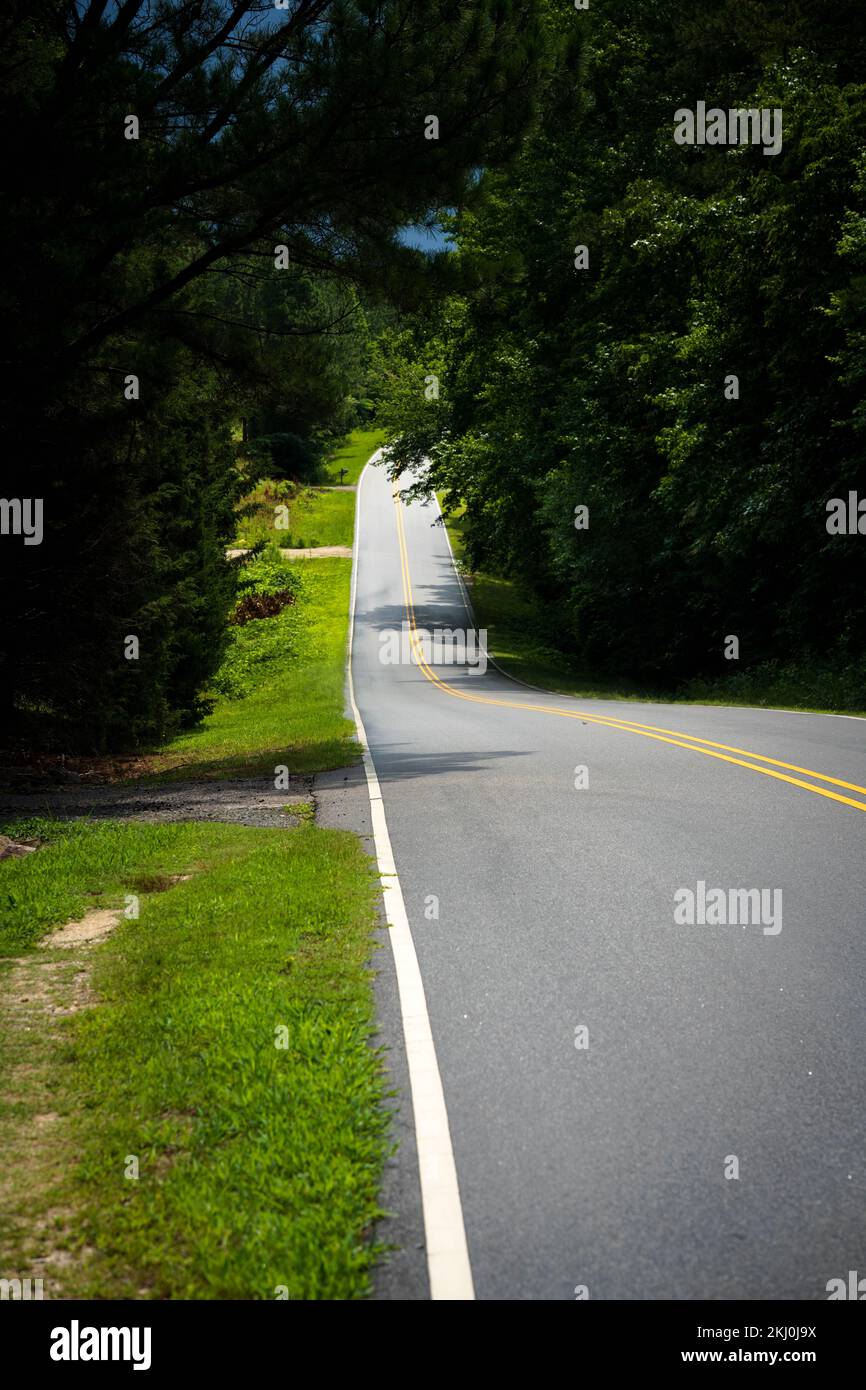 Long straight asphalt road with yellow and white lines in America, goes through a small valley surrounded by trees and grass Stock Photo