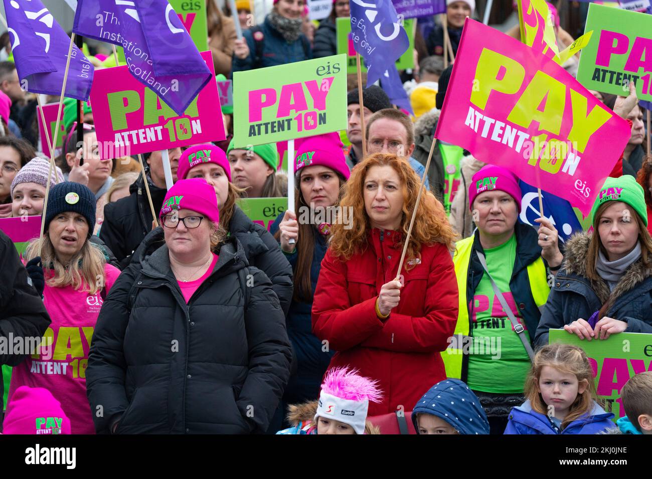 Edinburgh, Scotland, UK. 24th November 2022. Striking teachers from the EIS attend a rally at the Scottish Parliament at Holyrood, Edinburgh today. All schools in Scotland are closed today due to strike action by the EIS union caused by their ongoing dispute over a  pay offer which has been rejected. Iain Masterton/Alamy Live News Stock Photo