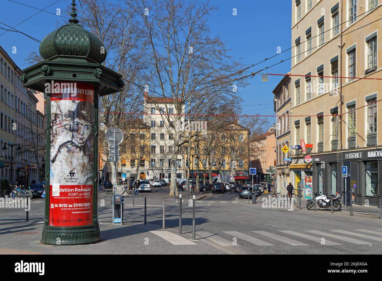 LYON, FRANCE, March 7, 2022 : Place de la Croix Rousse is the corner point of the district of the same name, at the junction of the main street and th Stock Photo