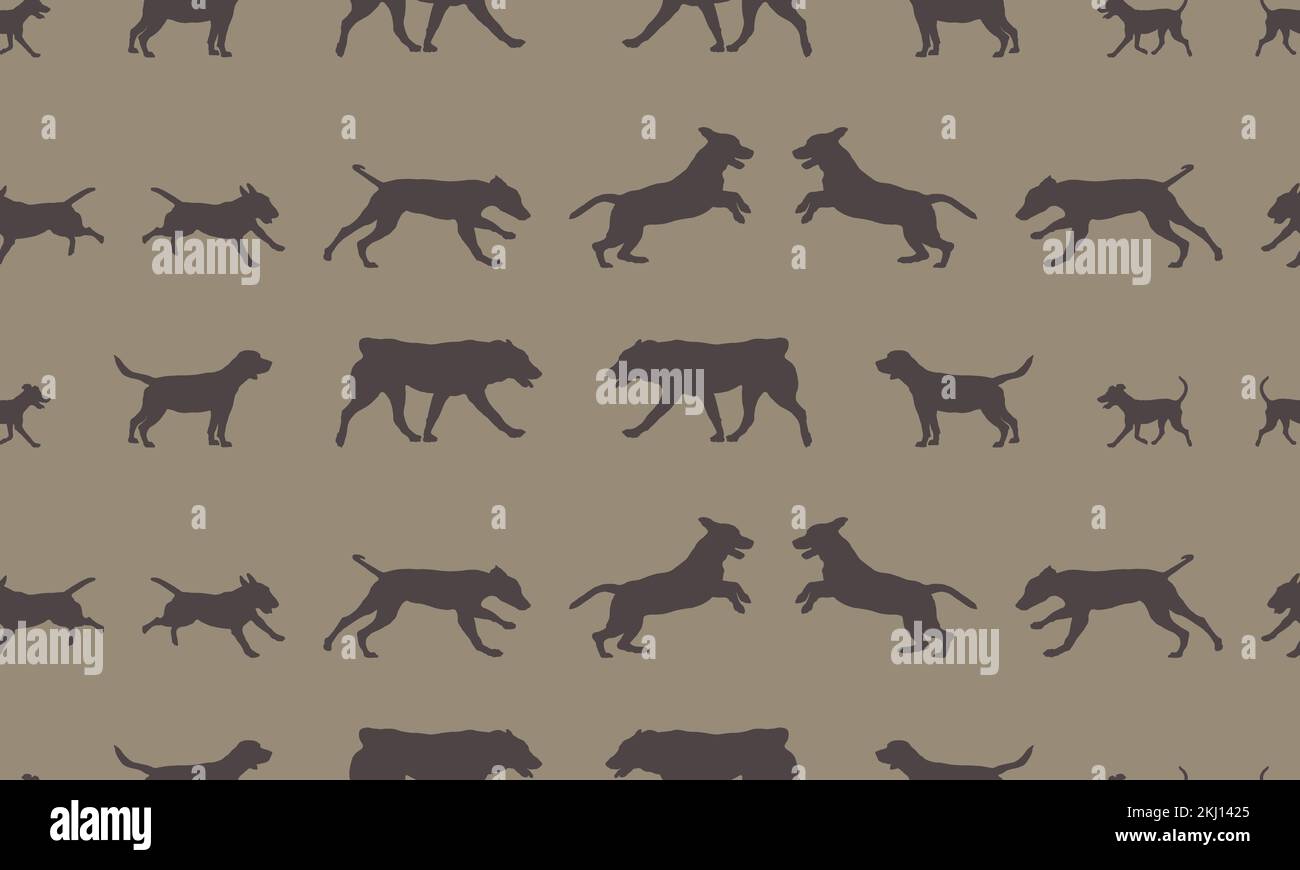 Seamless pattern. Silhouette dogs different breeds in various poses. Endless texture. Design for fabric, decor, wallpaper, wrapping paper. Stock Vector