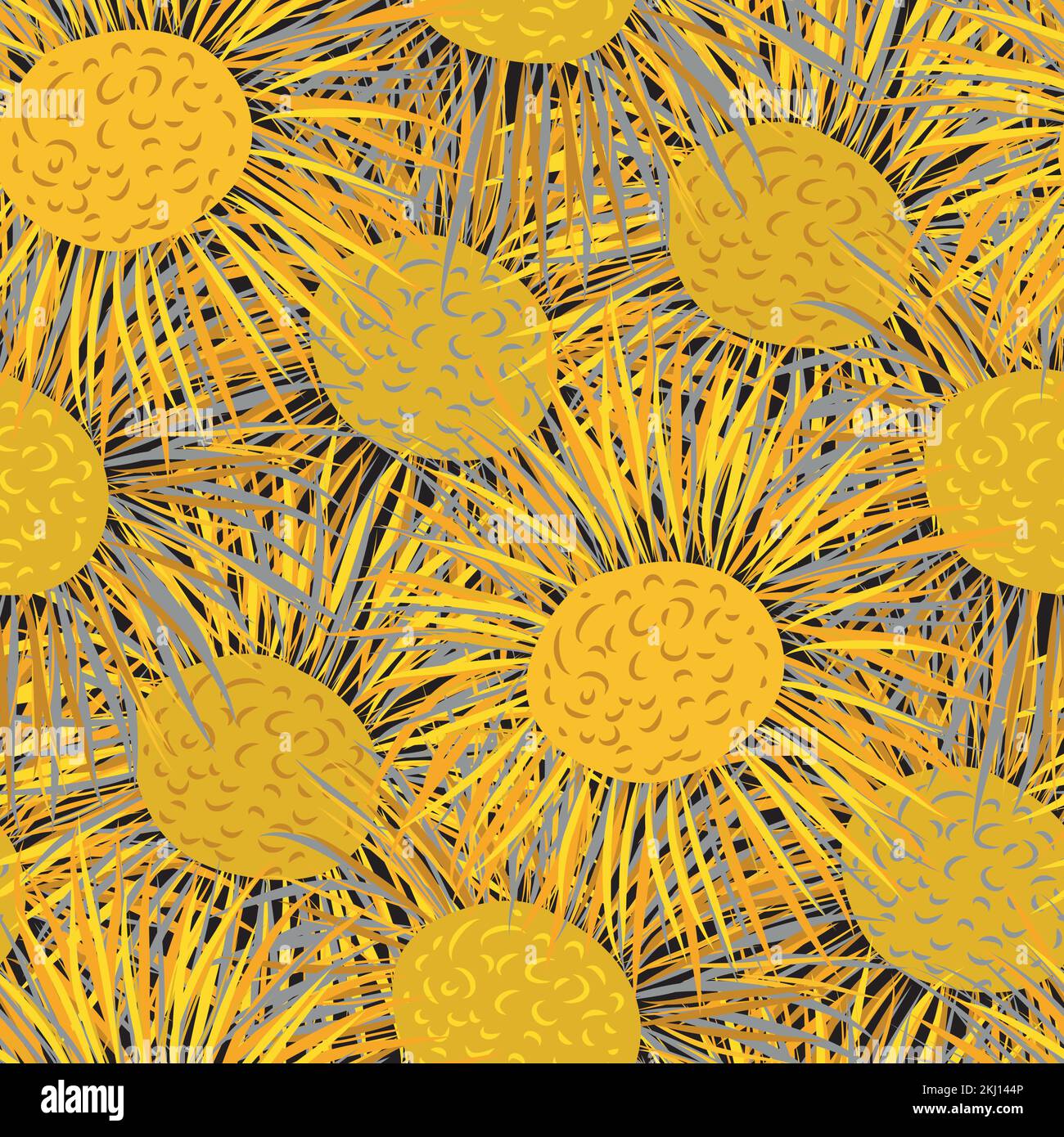 Inula flower seamless vector texture pattern background. Overlapping perennial orange yellow flowers dense backdrop. Giant Fleabane painterly textural Stock Vector