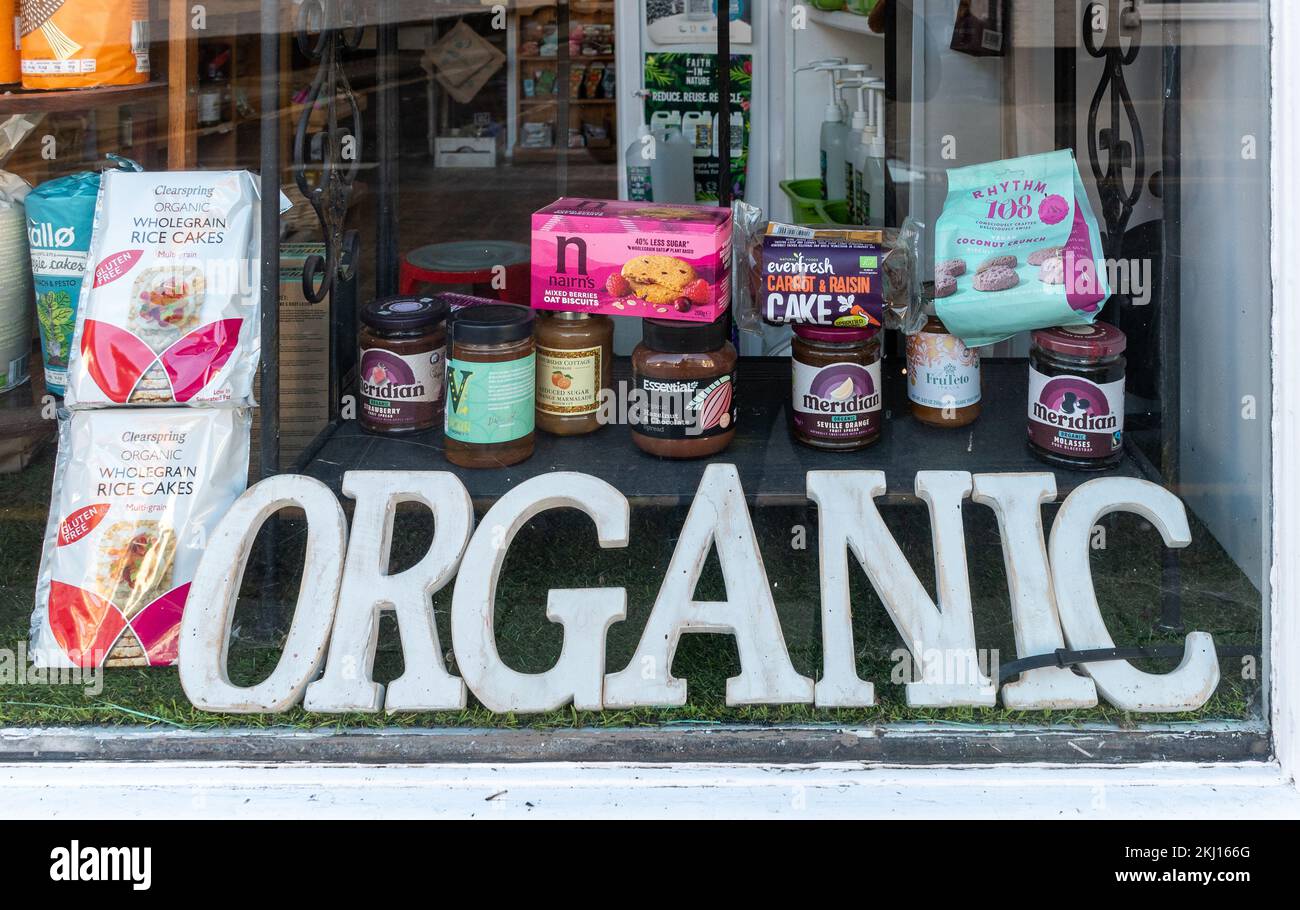 Shop window display of organic food, healthy foods, UK Stock Photo Alamy
