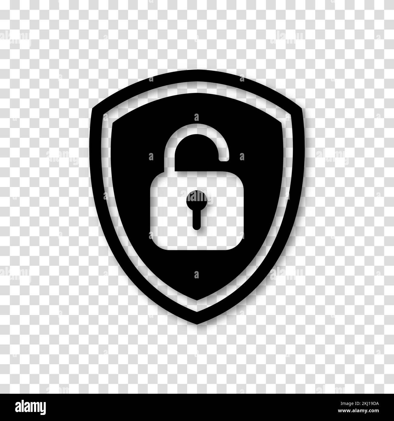 Icon or symbol of a shield with a opened padlock. Sign unlock on a ...