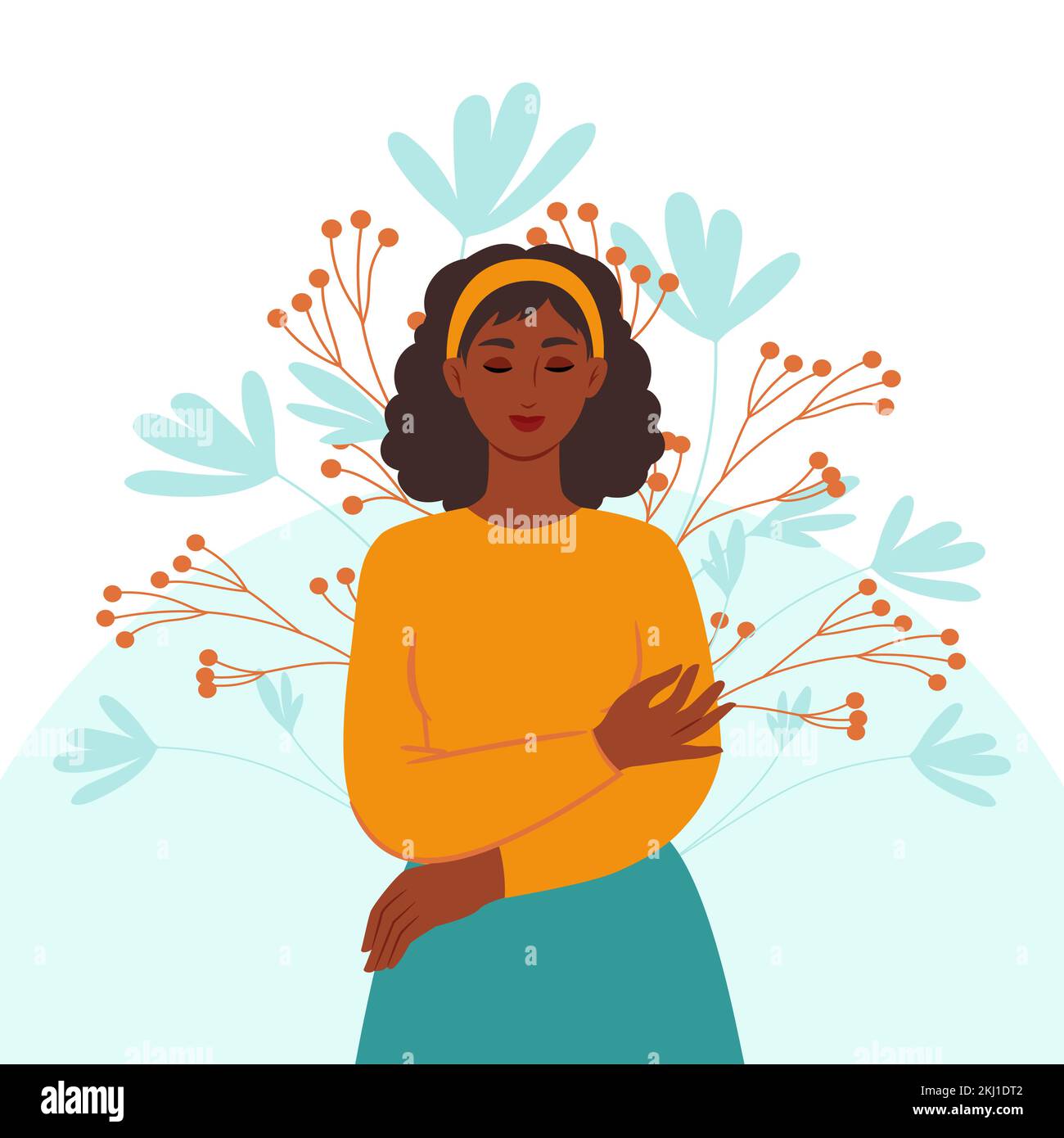 Black skinned woman hugs herself, concept of psychological health and self love. Vector illustration Stock Vector