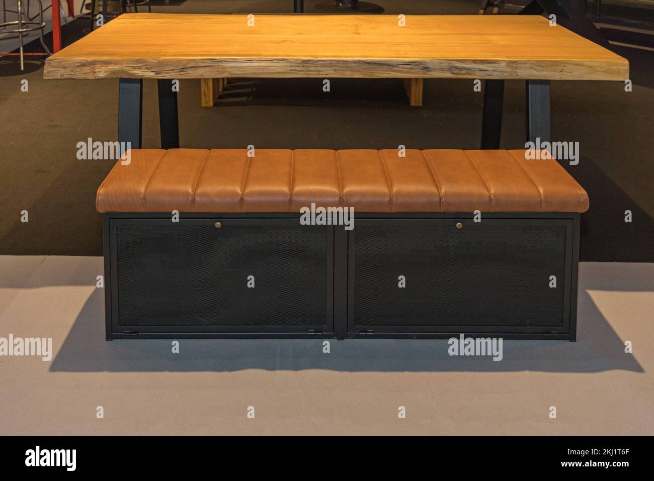 Real Leather Bench Seat With Black Box Storage Stock Photo Alamy