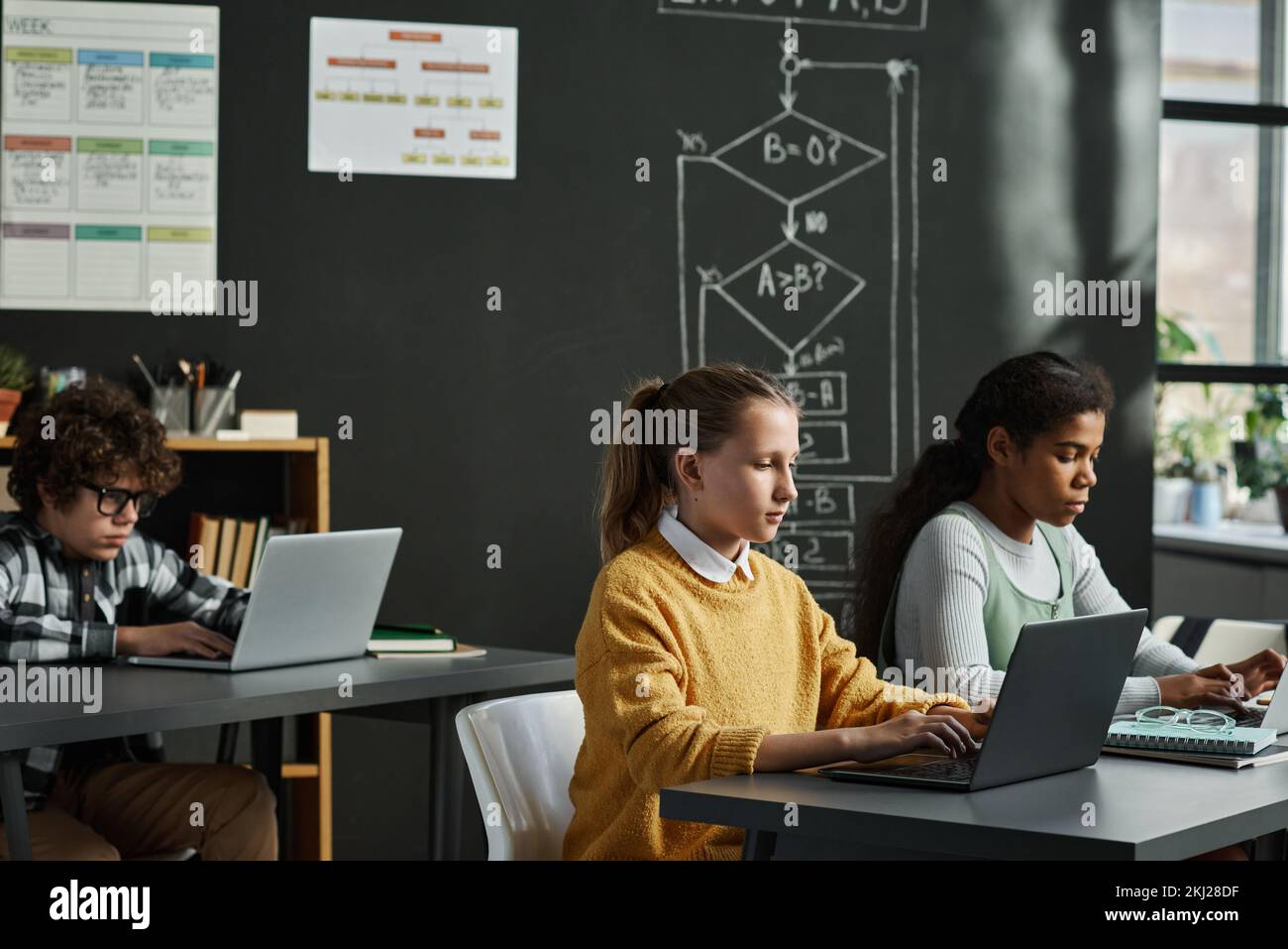 School children studying at IT class, they sitting at table and typing ...