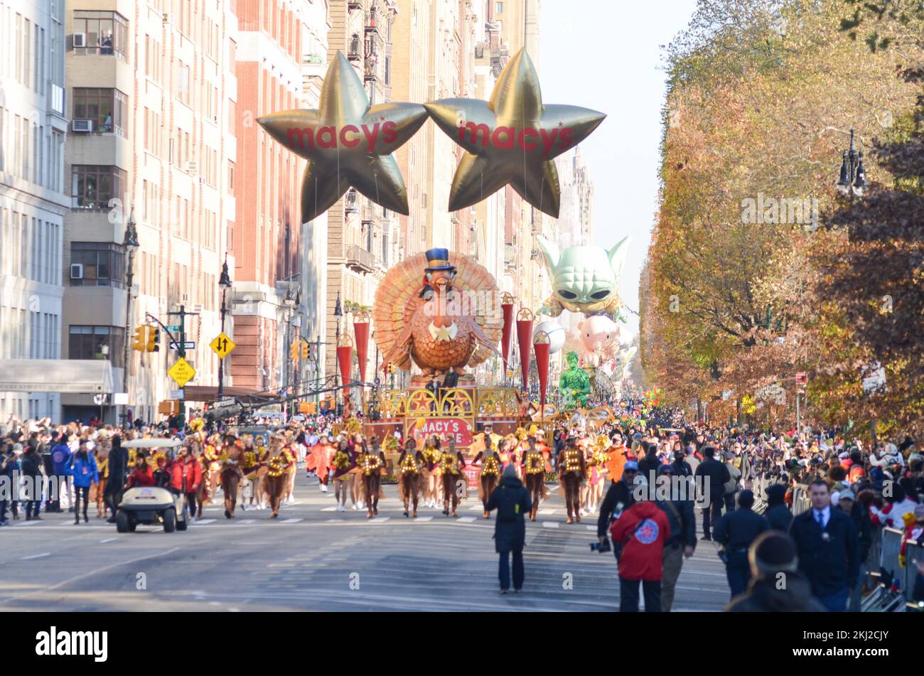 New York City, United States. 24th November, 2022. A turkey figure with performers seen during the 96th annual Macy's Thanksgiving Day Parade in New York City. Credit: Ryan Rahman/Alamy Live News Stock Photo