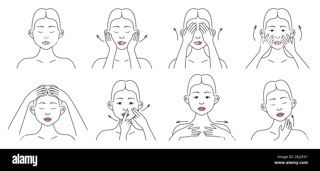 Facial massage. Facial skin care at home, infographic vector set