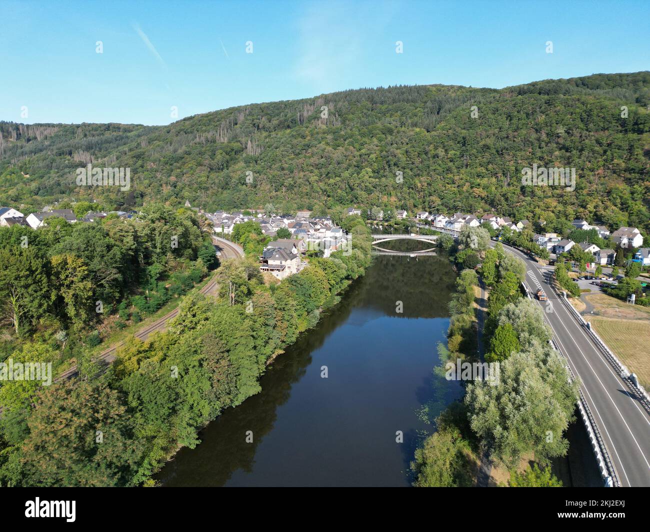Fachbach town and River Lahn German Rhineland-Palatinate, drone aerial view Stock Photo