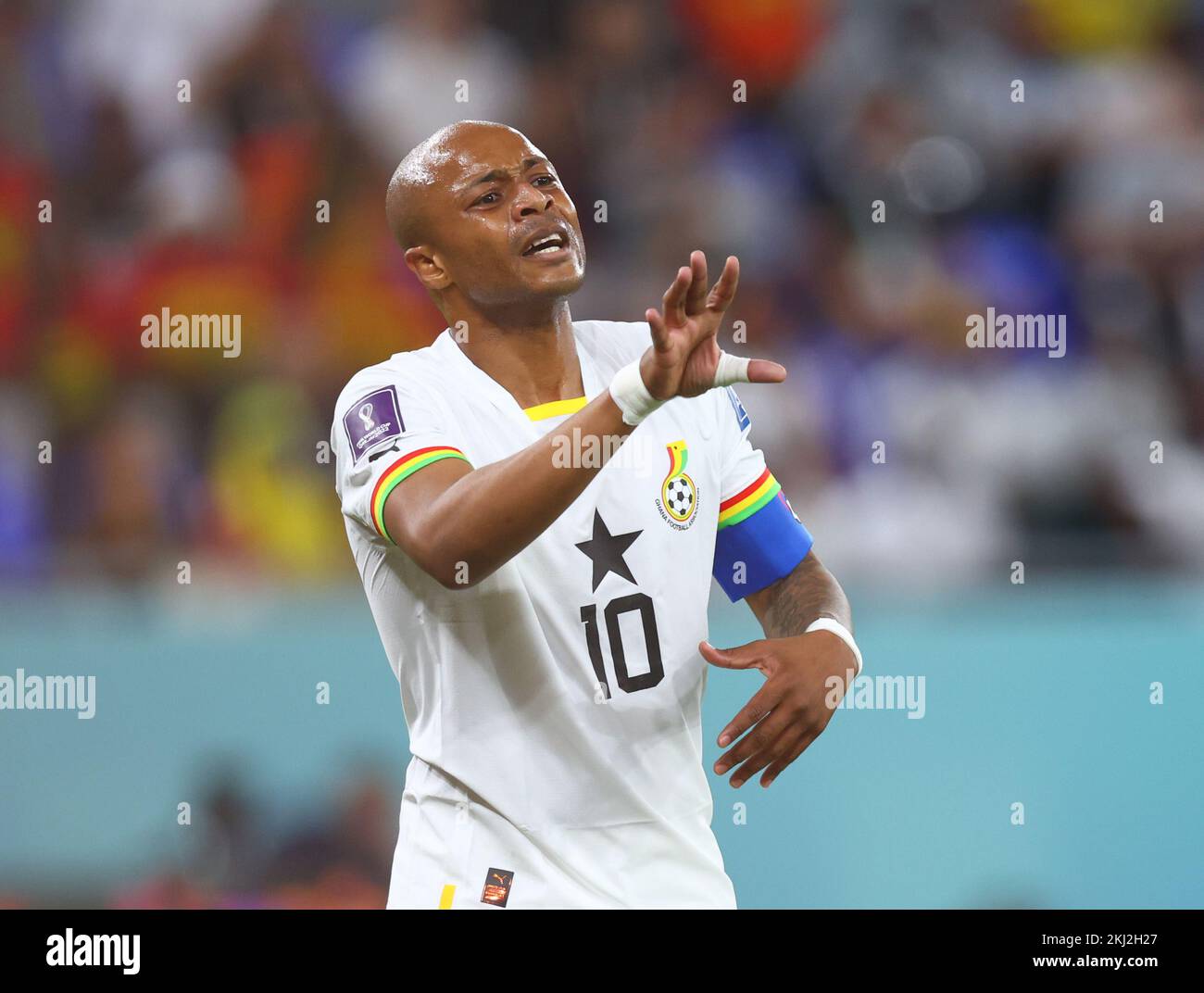 Doha, Qatar. 24th Nov, 2022. Soccer: World Cup, Portugal - Ghana, preliminary round, Group H, Matchday 1, Stadium 974, André Ayew of Ghana apologizes. Credit: Tom Weller/dpa/Alamy Live News Stock Photo