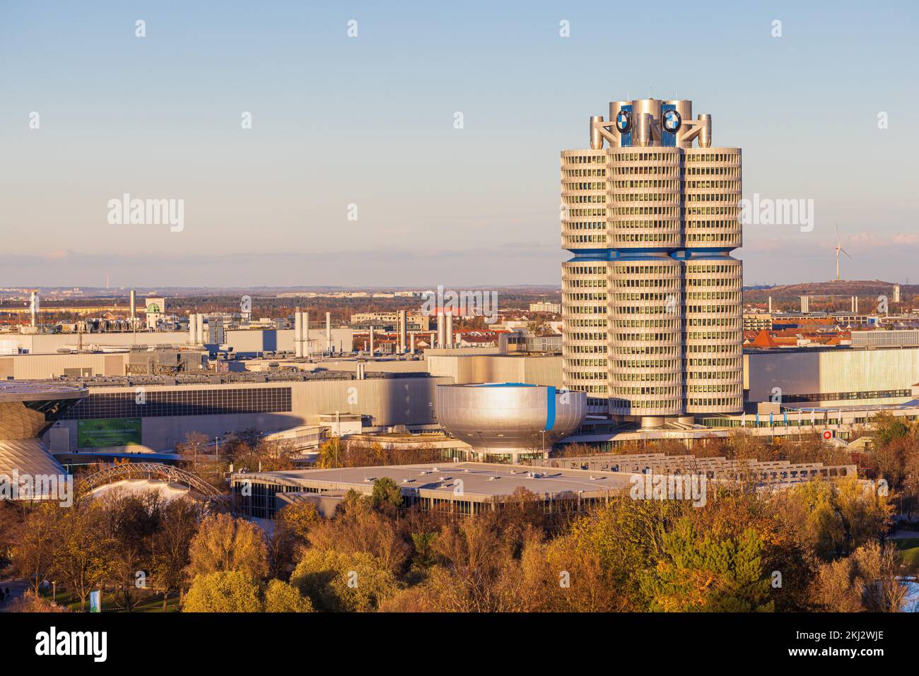 MUNICH, BAVARIA, GERMANY NOVEMBER 23, 2022: Exterior of the BMW Headquarters the Four-Cylinder Tower, close to the Munich Olympiapark and the BMW Welt Stock Photo