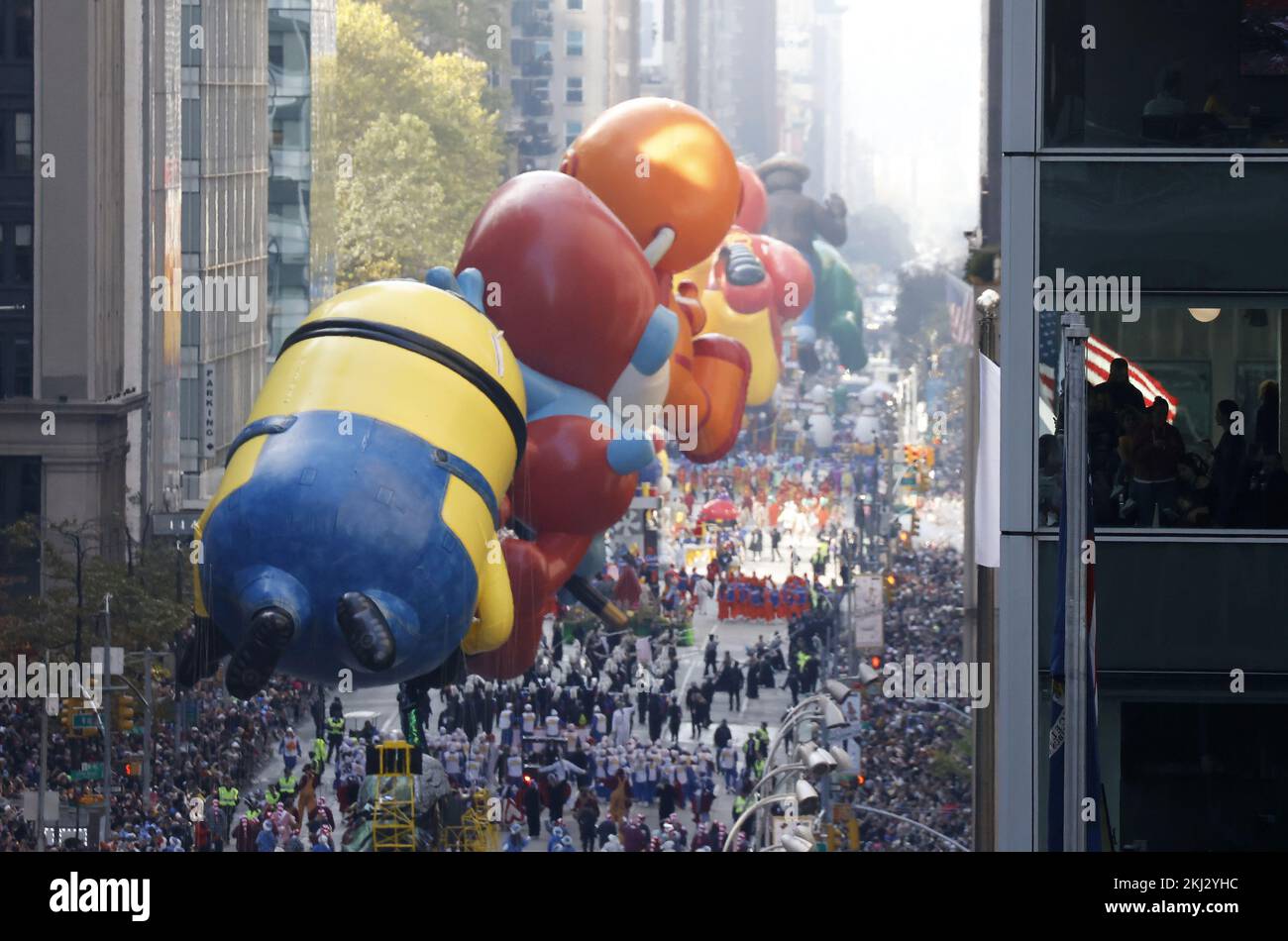 New York, United States. 24th Nov, 2022. Balloons move down the parade