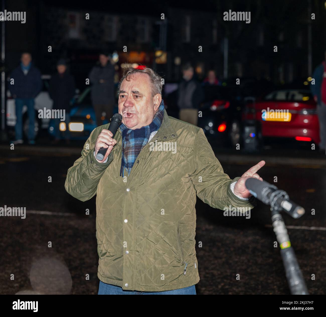 Inverurie, Aberdeenshire, UK. 23rd Nov, 2022. This is Alex Salmond - Alexander Elliot Anderson Salmond and a Gathering of Alba Supporters outside Inverurie Town Hall about 1730hrs and following the No to Referendum. Credit: JASPERIMAGE/Alamy Live News Stock Photo