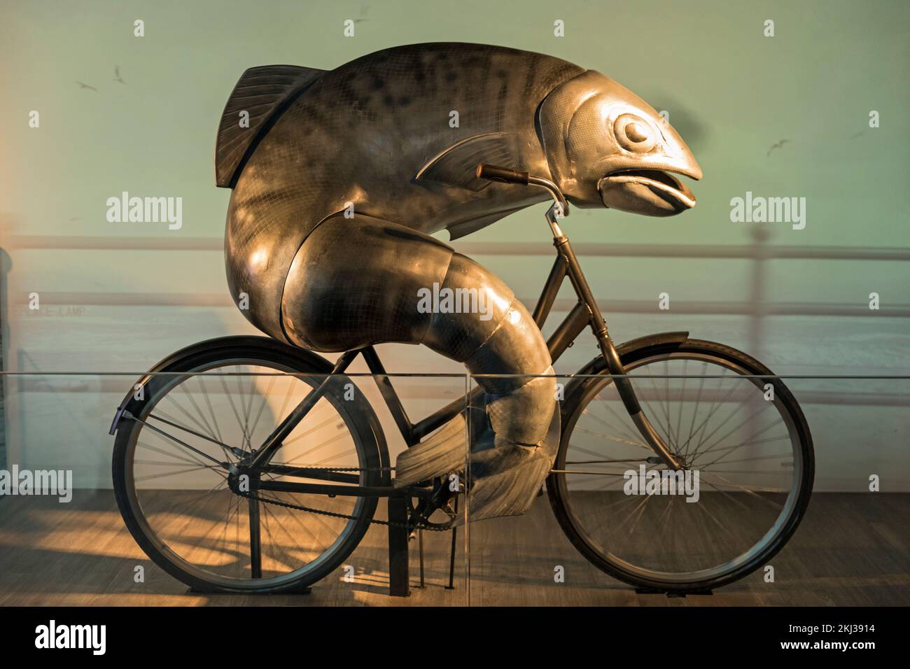 Ireland, Dublin,Guinness Storehouse, a fish riding a bicycle from a Guinness beer ad. A women needs a man like a fish needs a bicycle. Stock Photo