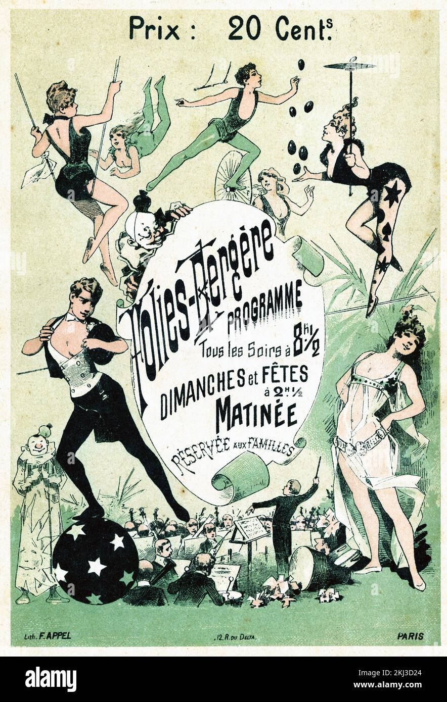 Vintage french artwork France FoliesBergère program c 1900 Stock