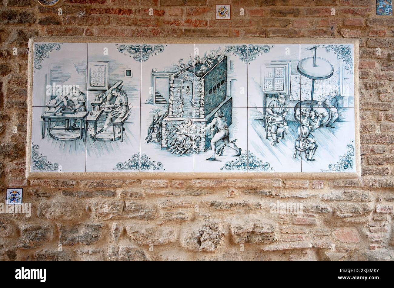 Painted pottery on the wall, Deruta village, Perugia, Umbria, Italy Stock Photo