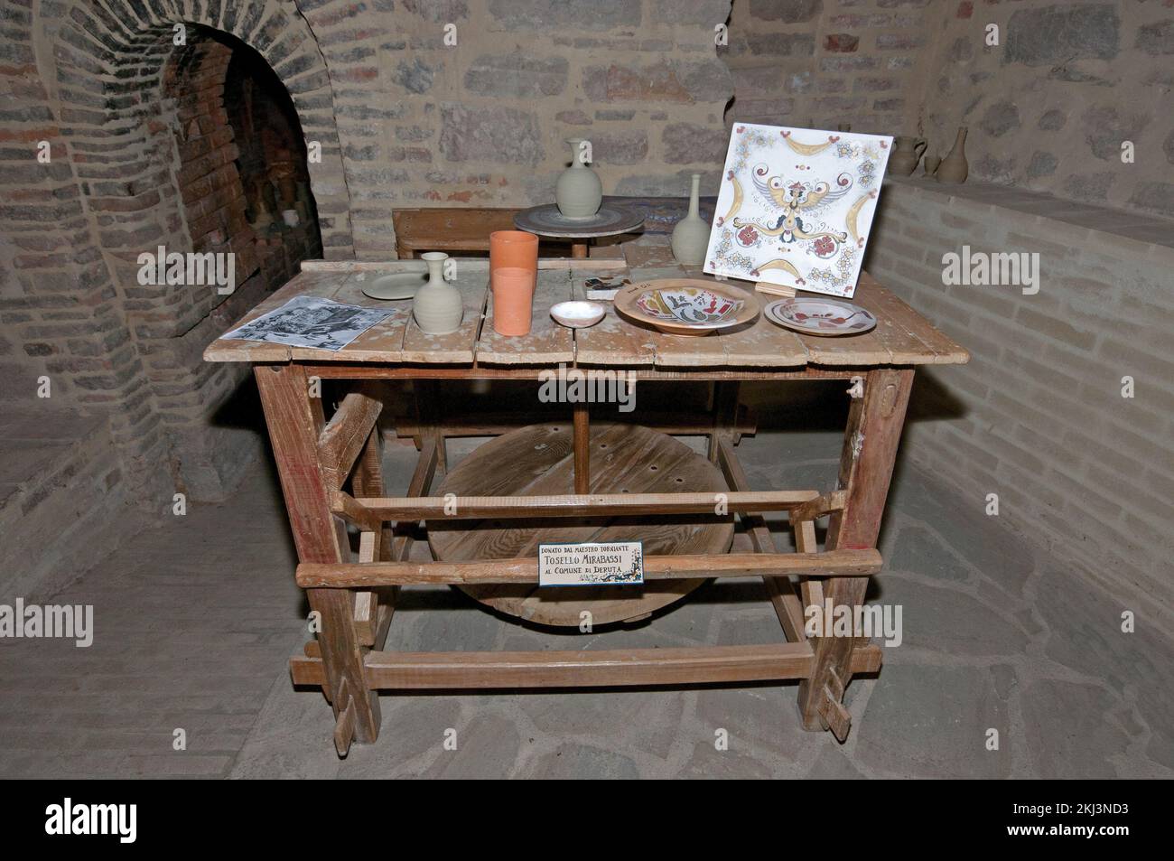 Old lathe for modeling ceramic pots in the ancient Grazia furnace (16th century), Deruta village, Perugia, Umbria, Italy Stock Photo