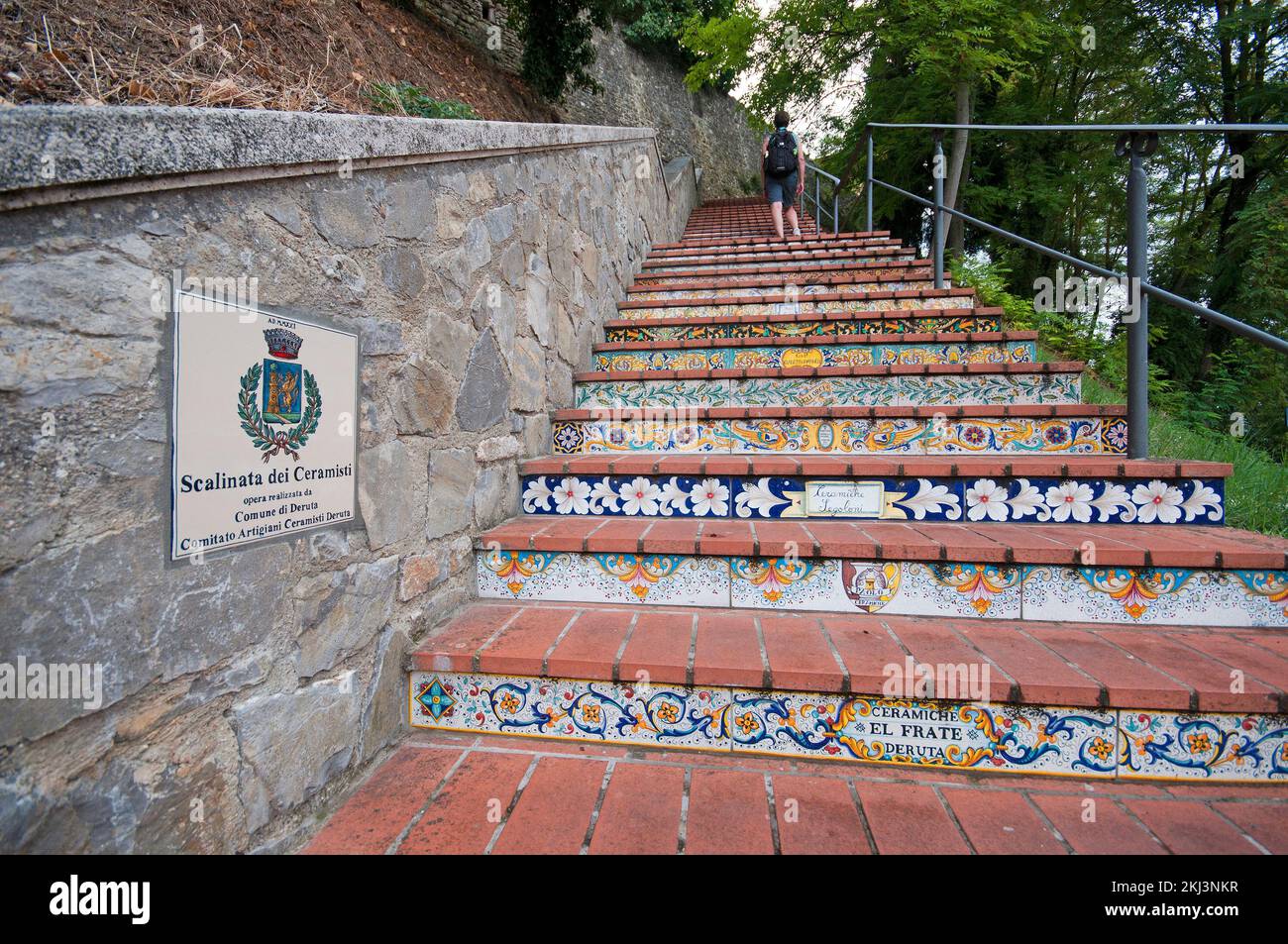 'Staircase of the potters' with the ceramic steps decorated by local craftsmen, Deruta village, Perugia, Umbria, Italy Stock Photo
